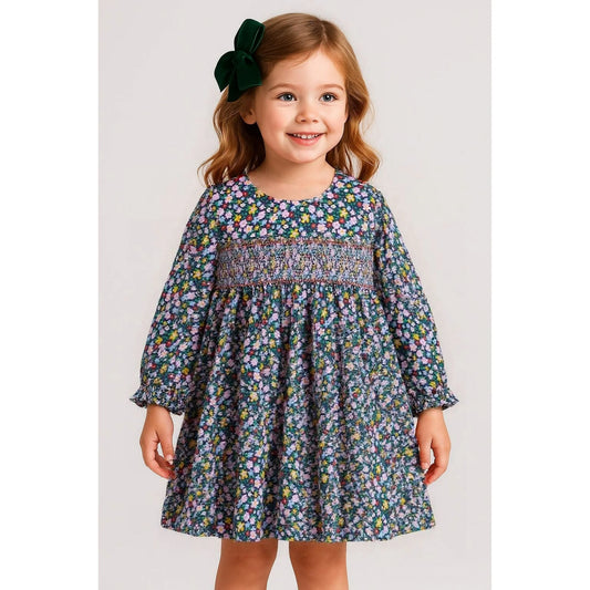 HILEELANG Toddler Girls Cotton Dress 2-7T, 100% Soft Cotton, Long Sleeve Floral Print Smocked Dress for Everyday Wear