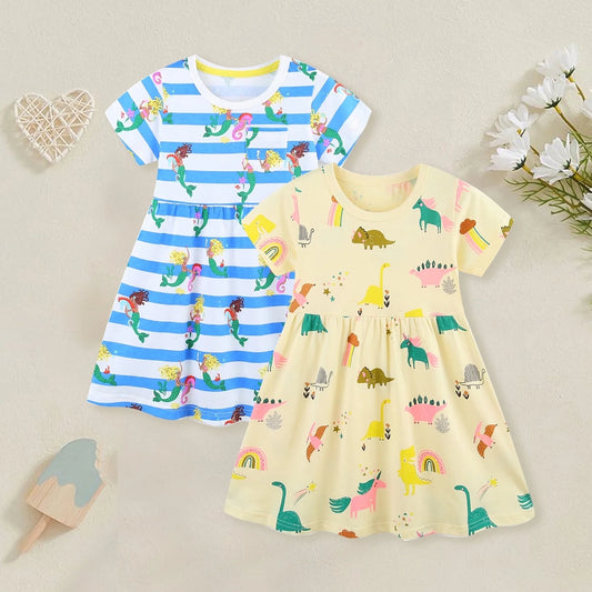 HILEELANG Toddler Little Girls 2 Pack Short Sleeve Dresses, Soft Cotton Summer Play Dress Set for Vacation Birthday Everyday Wear