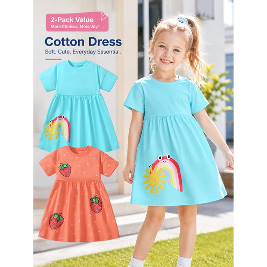 HILEELANG Toddler Little Girls 2 Pack Short Sleeve Dresses, Soft Cotton Summer Play Dress Set for Vacation Birthday Everyday Wear