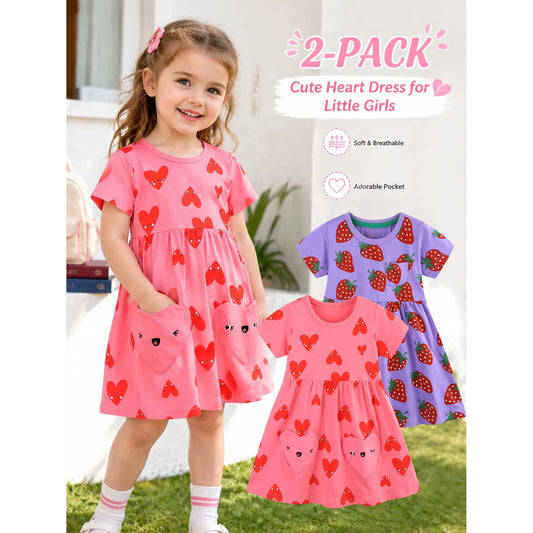 HILEELANG Toddler Little Girls 2 Pack Short Sleeve Dresses, Soft Cotton Summer Play Dress Set for Vacation Birthday Everyday Wear