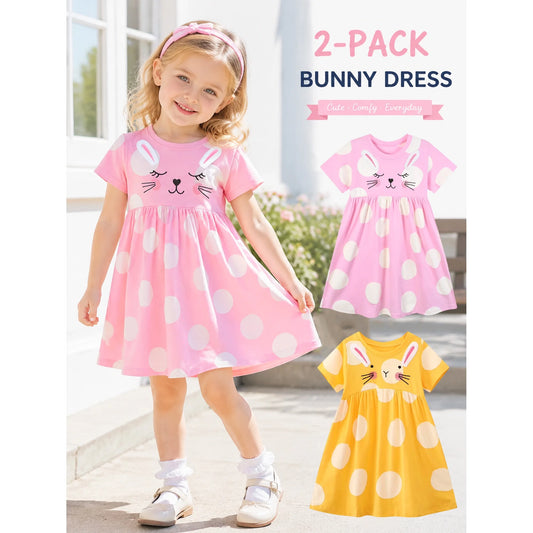 HILEELANG Toddler Little Girls 2 Pack Bunny Print Dresses, Short Sleeve Casual Summer Play Dress Set