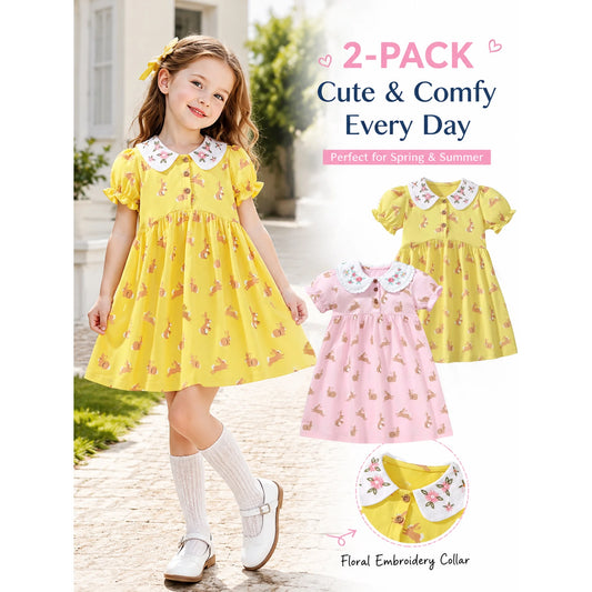 HILEELANG Toddler Little Girls 2 Pack Short Sleeve Dresses, Soft Cotton Summer Play Dress Set for Vacation Birthday Everyday Wear