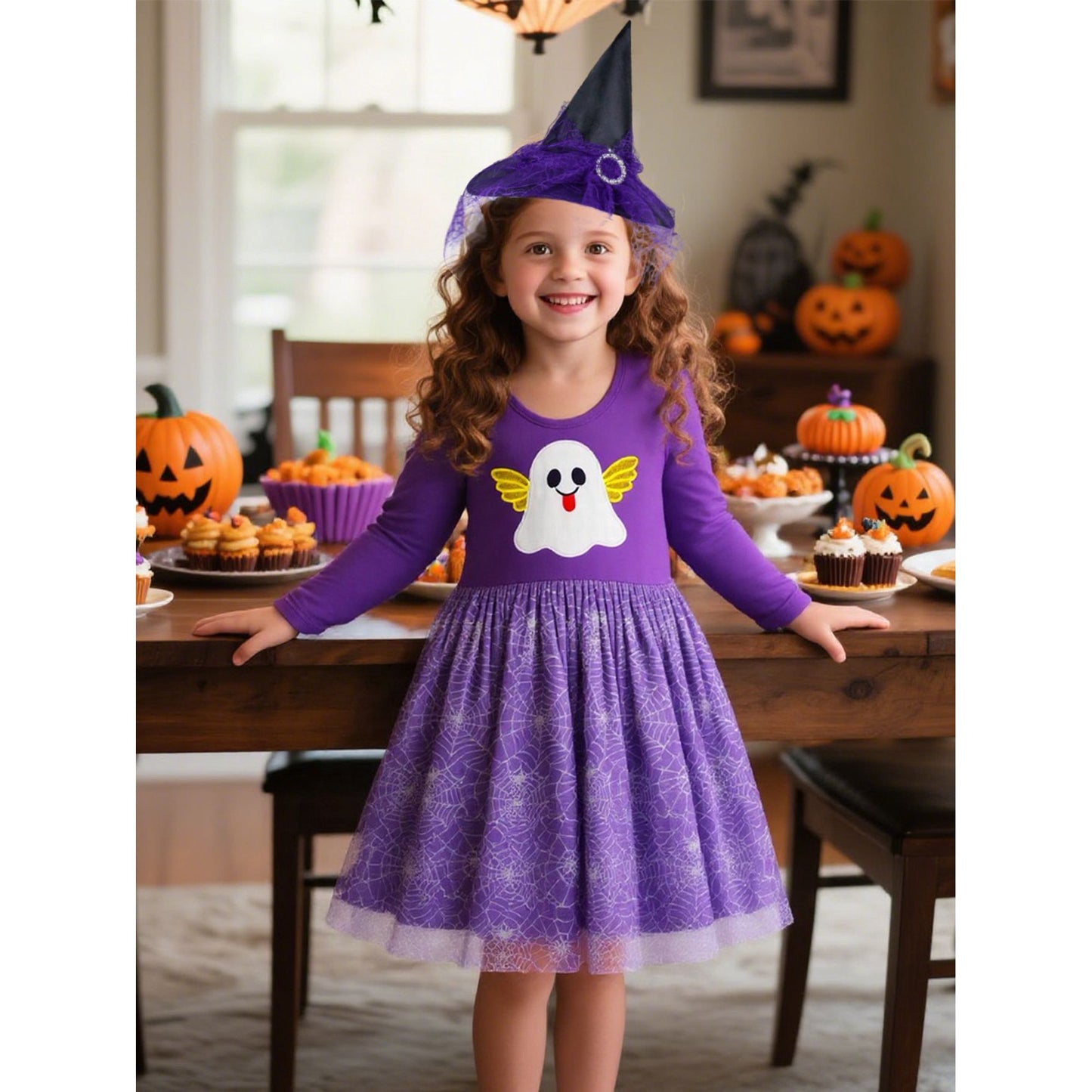 HILEELANG Toddler Girls Halloween Dress 2–7Y, Long Sleeve Pumpkin Ghost Black Cat Print Tulle Skirt with Witch Hat 2 years old