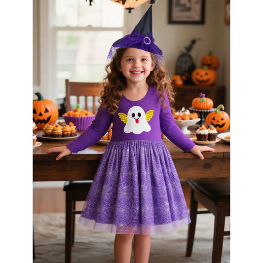 HILEELANG Toddler Girls Halloween Dress 2–7Y, Long Sleeve Pumpkin Ghost Black Cat Print Tulle Skirt with Witch Hat 2 years old
