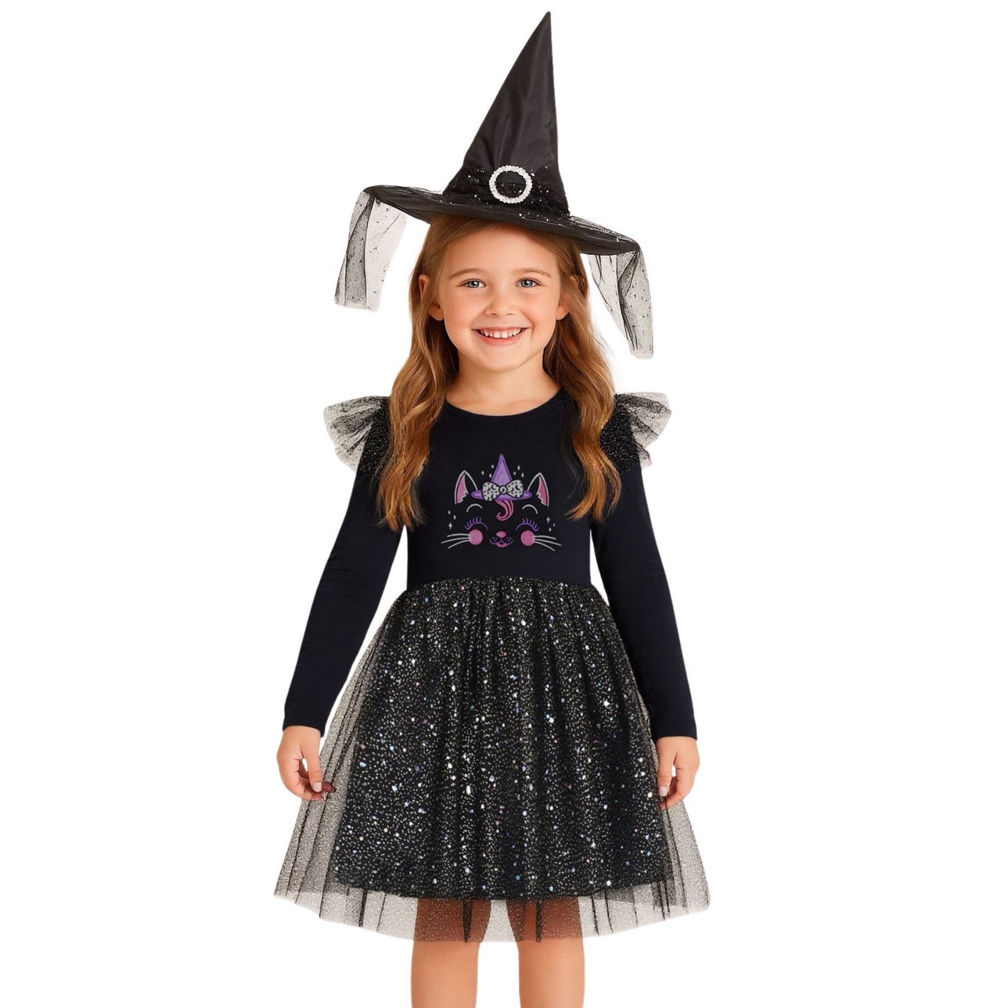 HILEELANG Toddler Girls Halloween Dress 2–7Y, Long Sleeve Pumpkin Ghost Black Cat Print Tulle Skirt with Witch Hat