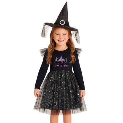 HILEELANG Toddler Girls Halloween Dress 2–7Y, Long Sleeve Pumpkin Ghost Black Cat Print Tulle Skirt with Witch Hat
