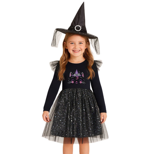 HILEELANG Toddler Girls Halloween Dress 2–7Y, Long Sleeve Pumpkin Ghost Black Cat Print Tulle Skirt with Witch Hat