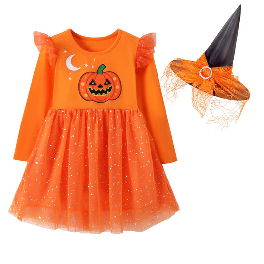 HILEELANG Toddler Girls Halloween Dress 2–7Y, Long Sleeve Pumpkin Ghost Black Cat Print Tulle Skirt with Witch Hat 2 years old