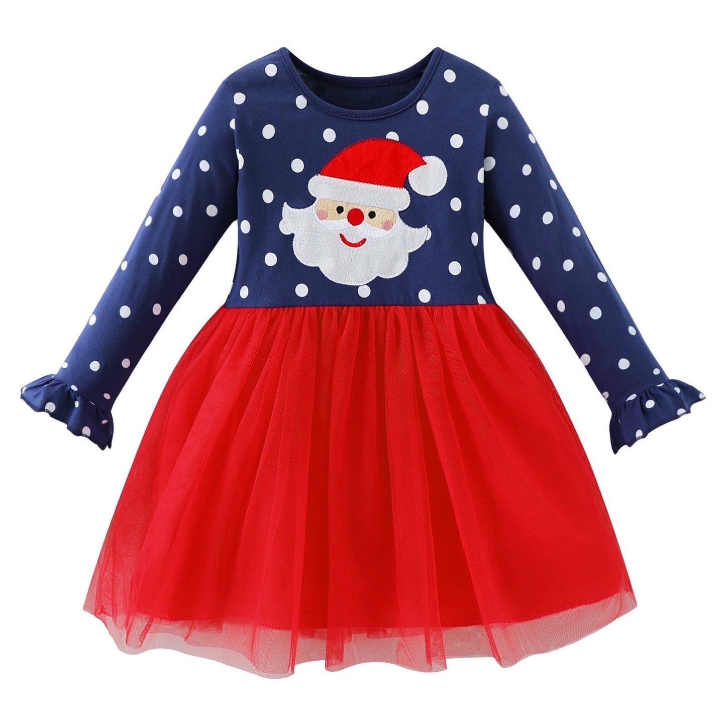 HILEELANG Toddler Girls Long Puff Sleeve Navy Dot Christmas Tulle Dress Cotton Casual Red Xms Man Applique Jersey Shirt Playwear Dresses