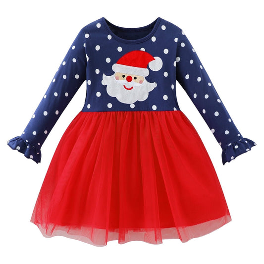 HILEELANG Toddler Girls Long Puff Sleeve Navy Dot Christmas Tulle Dress Cotton Casual Red Xms Man Applique Jersey Shirt Playwear Dresses