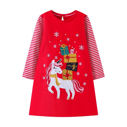 HILEELANG Toddler Girls Long Sleeve Christmas Dress Cotton Casual Red Strip Unicorn Applique Jersey Shirt Playwear Dresses
