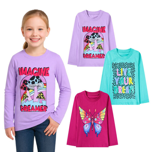 HILEELANG Toddler Girls' Long Sleeve Tee Shirt Cotton Crewneck Butterfly Graphic Tops T-Shirts Purple Green 3 Packs