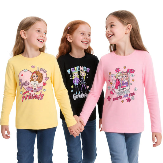 HILEELANG Toddler Girls' Long Sleeve Tee Shirt Cotton Crewneck Friends Graphic Tops T-Shirts Black Yellow Pink 3 Packs
