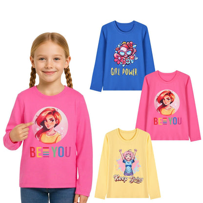 HILEELANG Toddler Girls' Long Sleeve Tee Shirt Cotton Crewneck Girs Graphic Tops T-Shirts Blue Yellow Pink 3 Packs