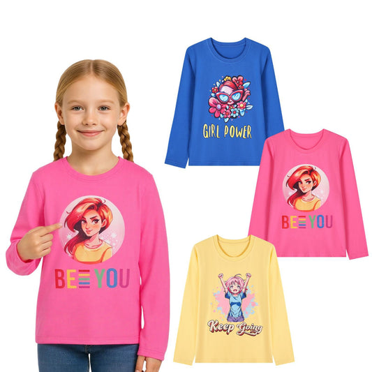 HILEELANG Toddler Girls' Long Sleeve Tee Shirt Cotton Crewneck Girs Graphic Tops T-Shirts Blue Yellow Pink 3 Packs