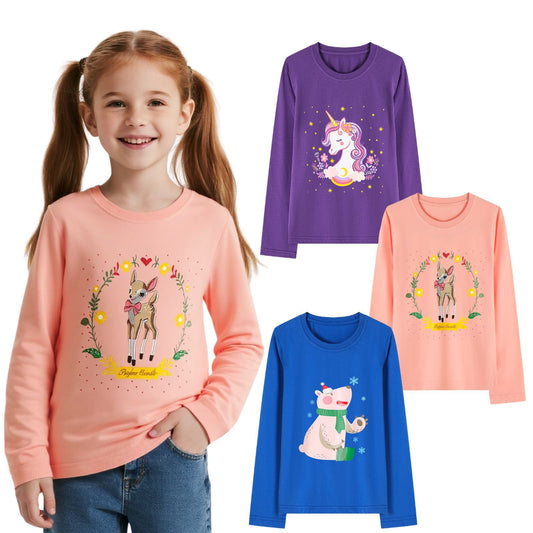 HILEELANG Toddler Girls' Long Sleeve Tee Shirt Cotton Crewneck Unicorn Graphic Tops T-Shirts Blue Pink 3 Packs