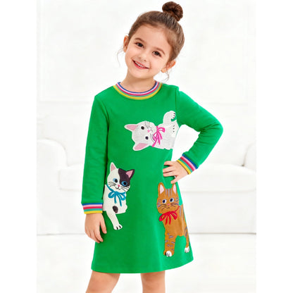 HILEELANG Toddler Girls Long Sleeved Dresses Christmas Winter Cotton Casual Cute Green Cat Cartoon Pattern Dress