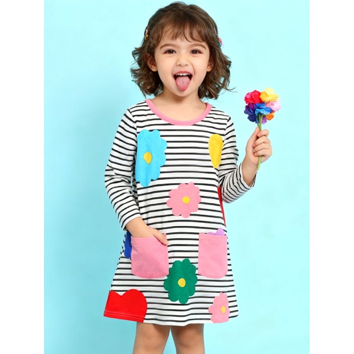 HILEELANG Toddler Girls Long Sleeved Dresses Christmas Winter Cotton Casual Cute Party Stripe Flowers Pattern Dress