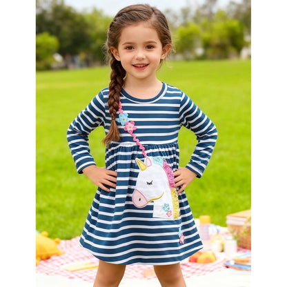 HILEELANG Toddler Girls Long Sleeved Dresses Christmas Winter Cotton Casual Cute Stripe Unicorn Cartoon Pattern Dress