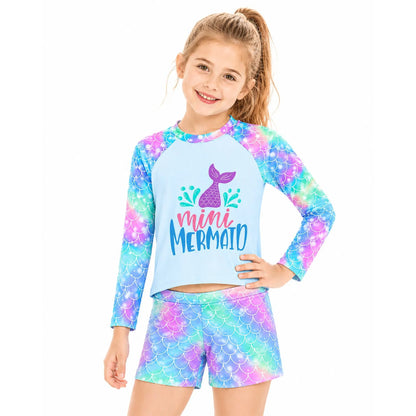 HILEELANG Toddler Girls' Rash Guard Sets Long Sleeve Shirts and Swim Shorts 2 Piece Blue Mermaid Swim