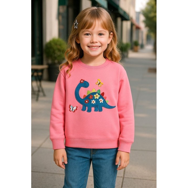 HILEELANG Toddler Girls(2-7Y) Long Sleeve Pink Sweatshirt with Dinor Embroidery – Cute Construction Pullover Top for Fall