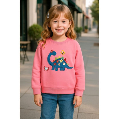 HILEELANG Toddler Girls(2-7Y) Long Sleeve Pink Sweatshirt with Dinor Embroidery – Cute Construction Pullover Top for Fall