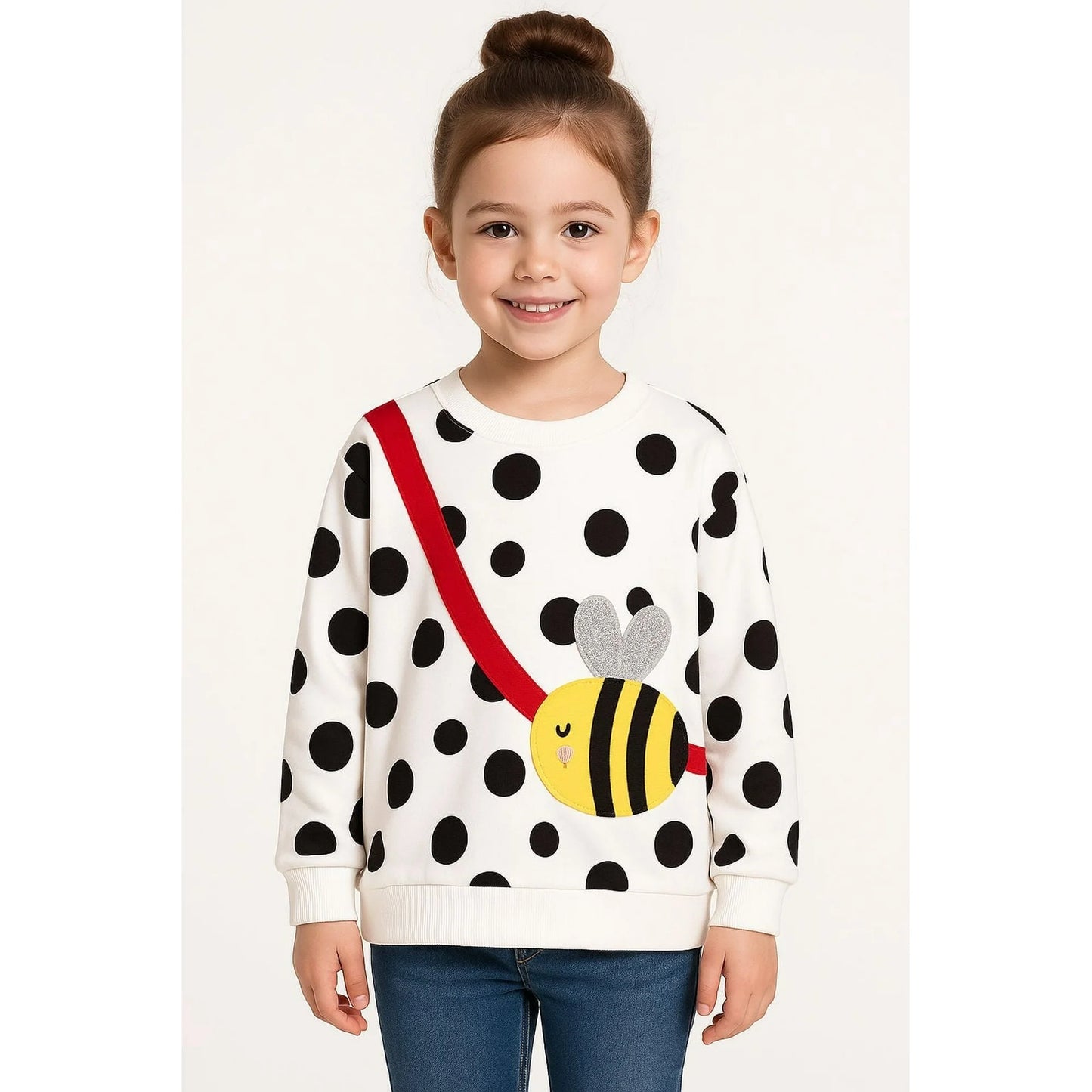 HILEELANG Toddler Girls(2-7Y) White Sweatshirt Cotton Casual Dot Bee Long Sleeve Pullover Top