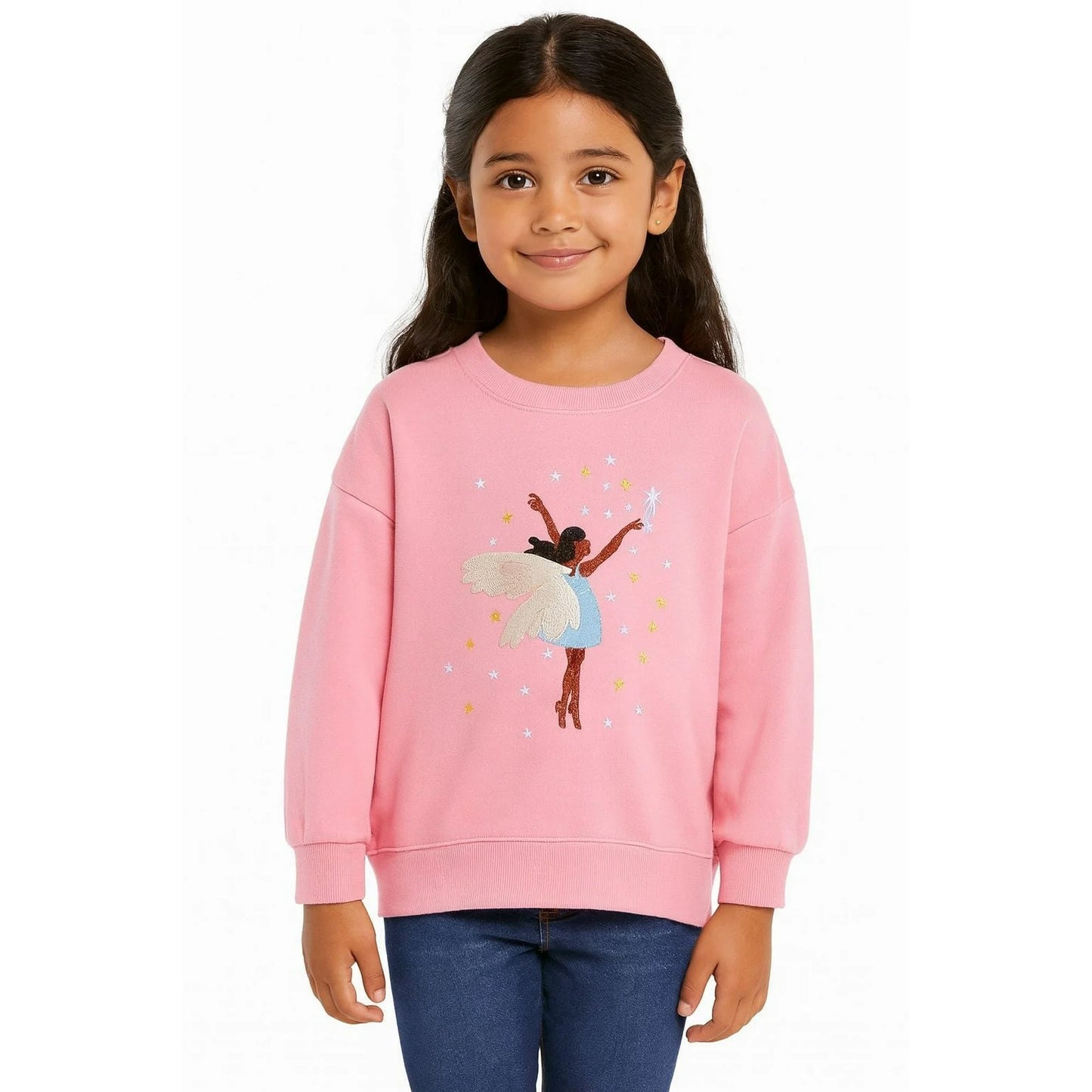 HILEELANG Toddler Girls（2-7Y) Sweatshirt Falling Shoulder Sleeve Pullover Crewneck Cotton Top Cute Dance Girl Embroidery Fall Winter Clothes