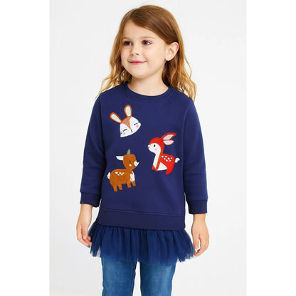HILEELANG Toddler Girls(2-7Y) Navy Tulle Sweatshirt Long Sleeve Pullover Top for Fall Winter, Cotton Crewneck Shirt for Kids