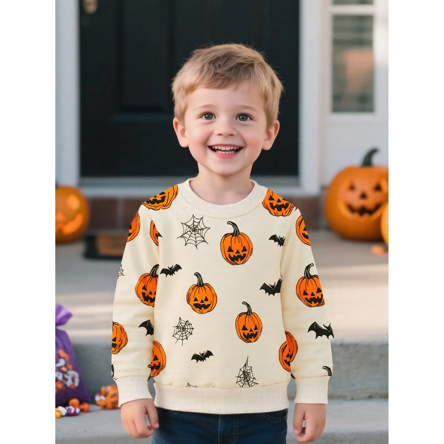 HILEELANG Toddler（18M-7T) Halloween Pullover – 100% Cotton Pumpkin and Bat Print Fall Sweatshirt for Boys Girls