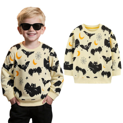 HILEELANG Toddler(18M-7T) Halloween Sweatshirt – 100% Cotton Pullover with Black bat and moon pattern, White and yellow Fall Crewneck for Boys Girls