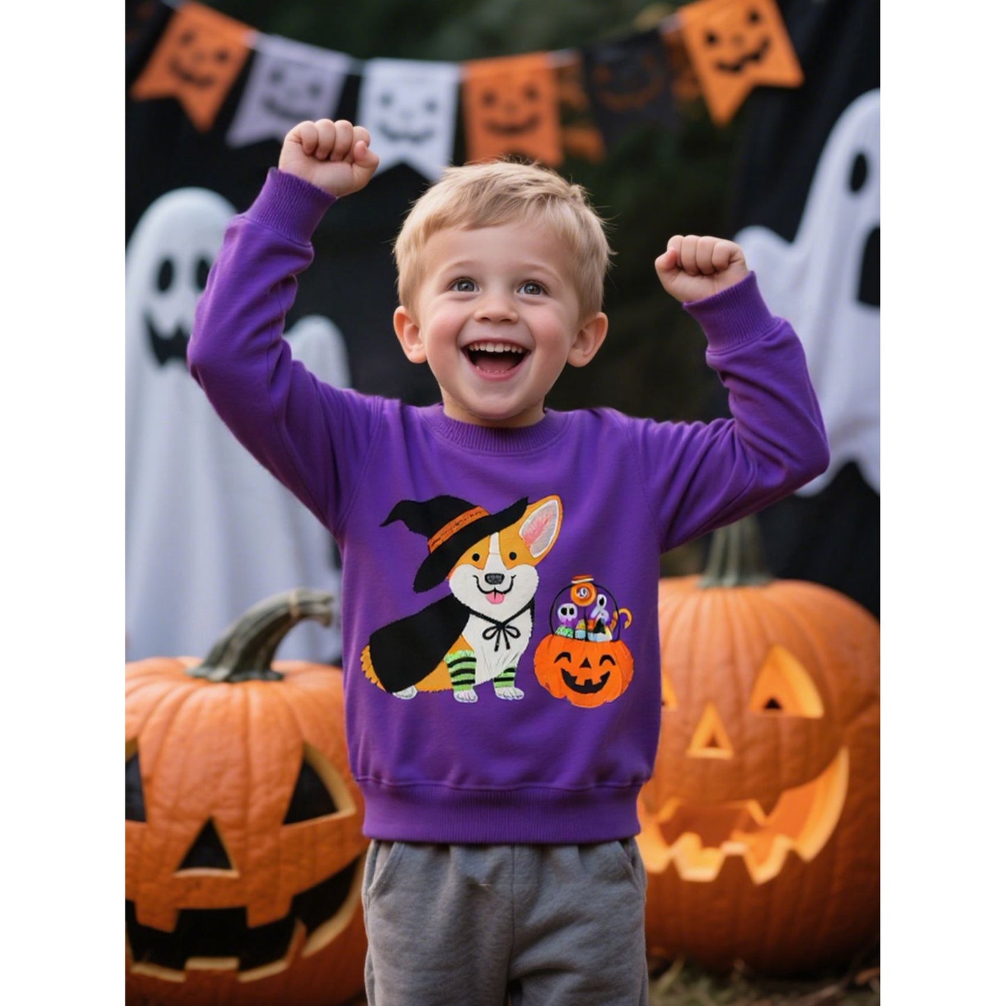 HILEELANG Toddler(18M-7T) Halloween Sweatshirt – 100% Cotton Pullover with Little dog witch and pumpkin embroidery pattern, Purple Fall Crewneck for Boys Girls