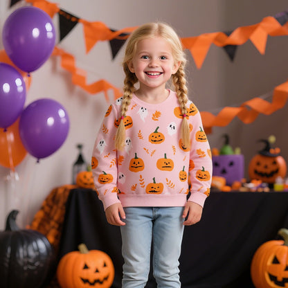 HILEELANG Toddler(18M-7T) Halloween Sweatshirt – 100% Cotton Pullover with Pumpkin Ghost and Leaf Print, Pinkish Brown Fall Crewneck for Boys Girls