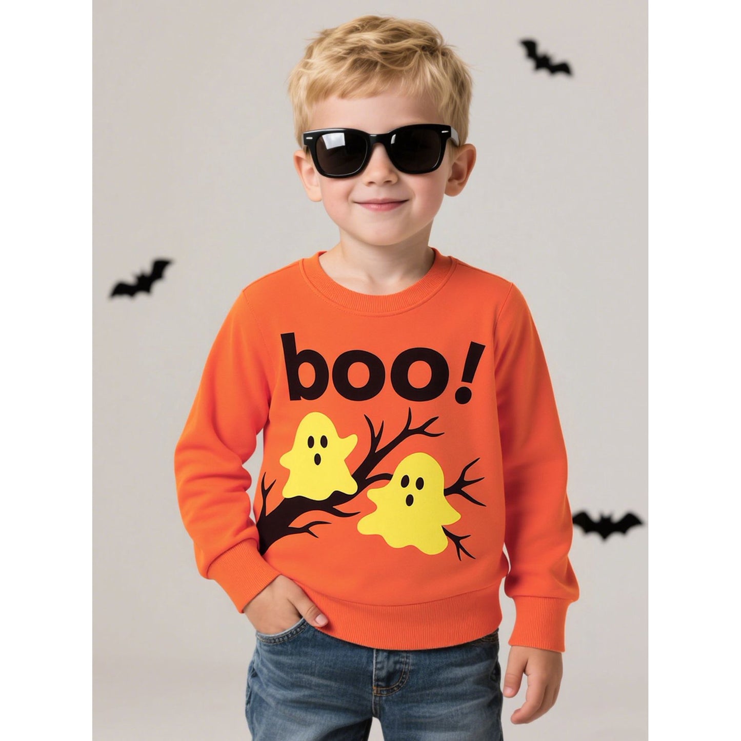 HILEELANG Toddler(18M-7T) Halloween Sweatshirt – 100% Cotton Pullover with Boo Ghost Print, Orange Crewneck for Boys Girls