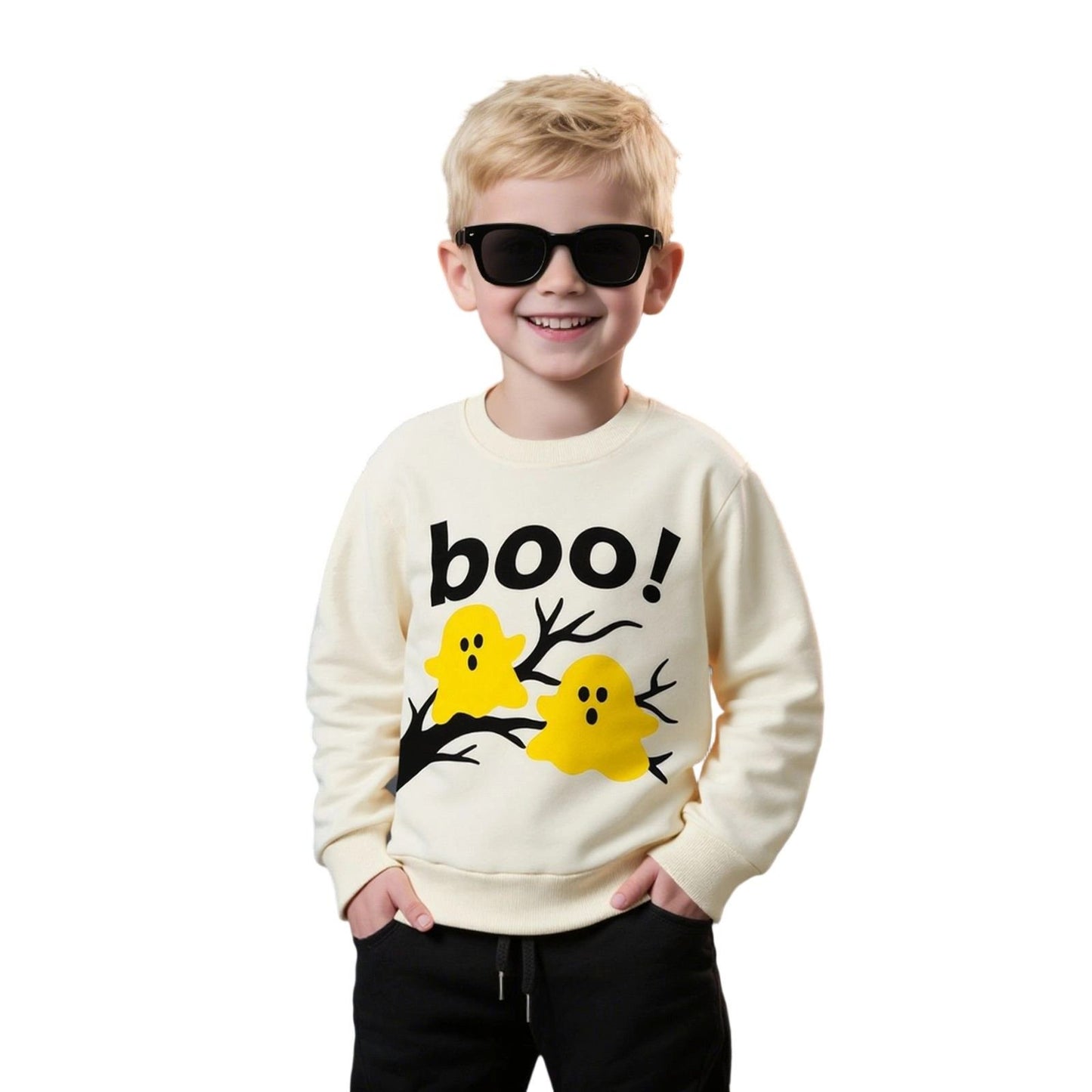 HILEELANG Toddler(18M-7T) Halloween Sweatshirt – 100% Cotton Pullover with Boo Ghost Print, White Crewneck for Boys Girls