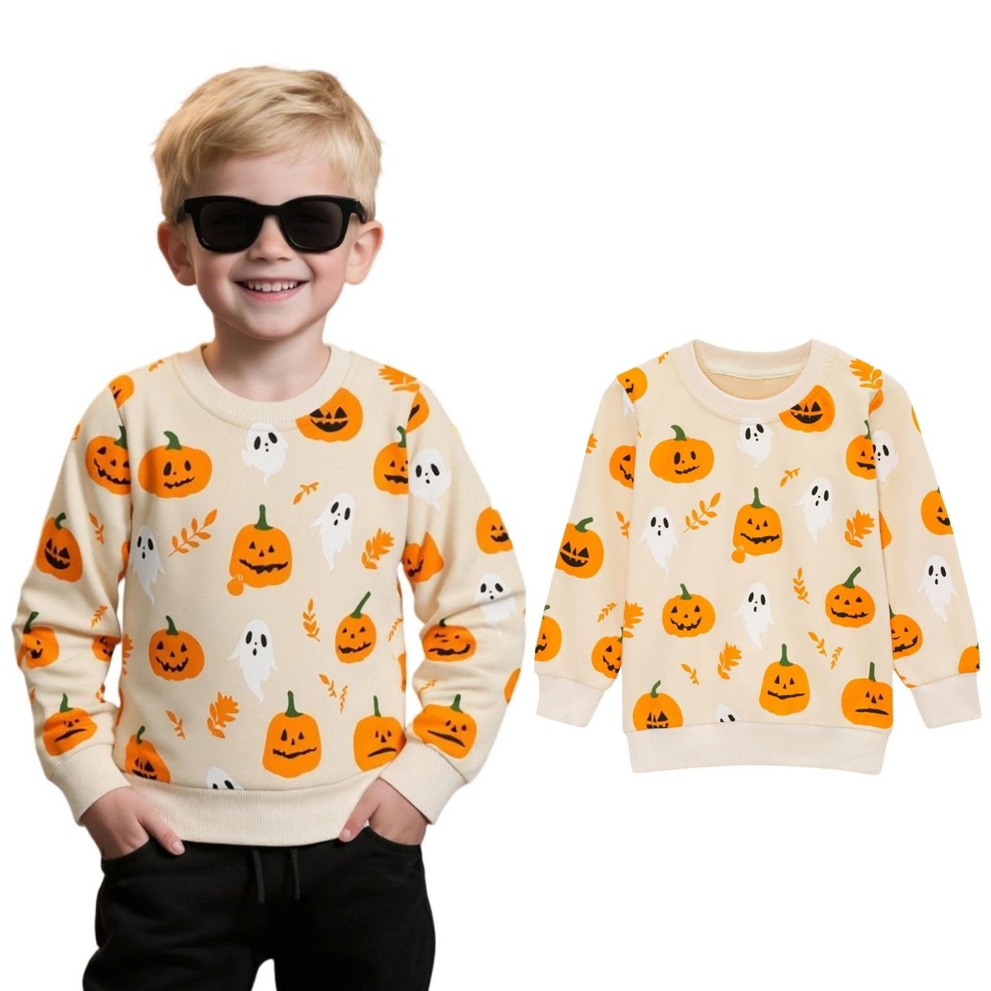 HILEELANG Toddler(18M-7T) Halloween Sweatshirt – 100% Cotton Pullover with Pumpkin Ghost and Leaf Print, Beige Fall Crewneck for Boys Girls