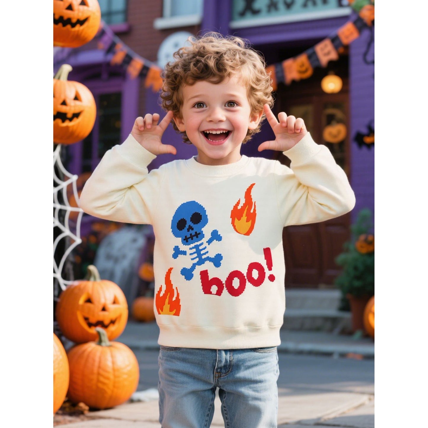 HILEELANG Toddler(18M-7T) Halloween Sweatshirt – 100% Cotton Pullover with Skeleton BOO Print, White Fall Crewneck for Boys Girls