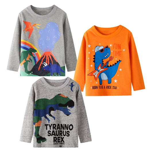 HILEELANG DINO TSHIRT: Toddler Kids Boy Long Sleeve Top Tee Shirt, Cotton Crewneck, Casual