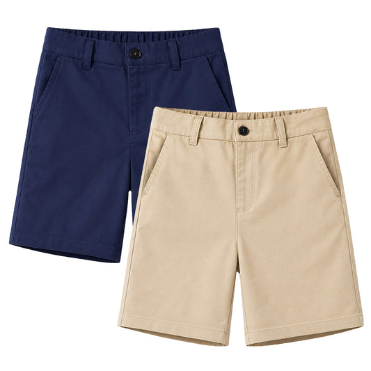 HILEELANG 5-15 Years Little Big Boys School Uniform Shorts 2 Pack, Elastic Waist Flat Front Khaki Navy Chino Shorts with Pockets for Kids Navy Blue Khaki