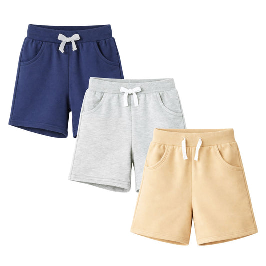 HILEELANG Toddler Boys' Cotton Shorts 3-Pack with Pockets, khaki/Grey/Navy