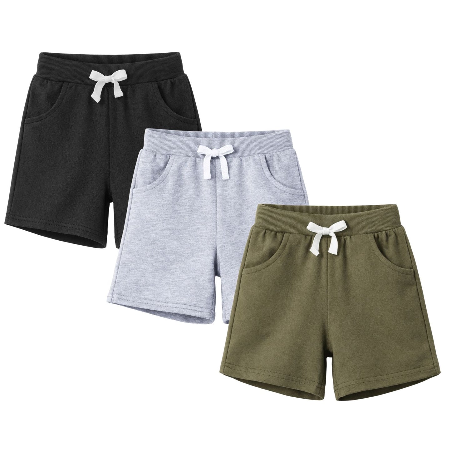 HILEELANG Toddler Boys' Cotton Shorts 3-Pack with Pockets, Grey/Black/Green
