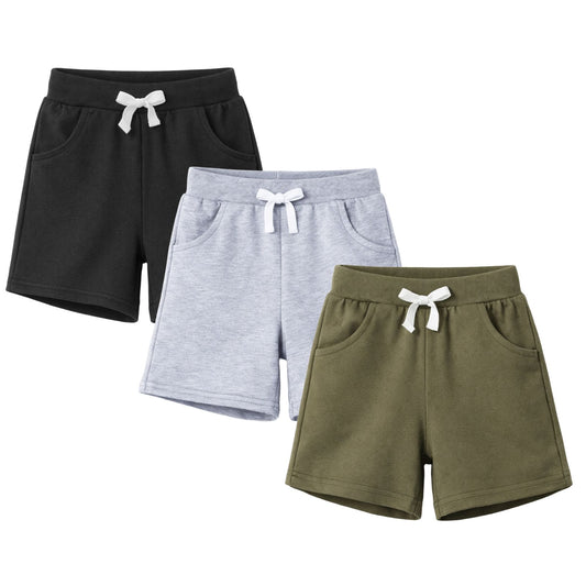 HILEELANG Toddler Boys' Cotton Shorts 3-Pack with Pockets, Grey/Black/Green