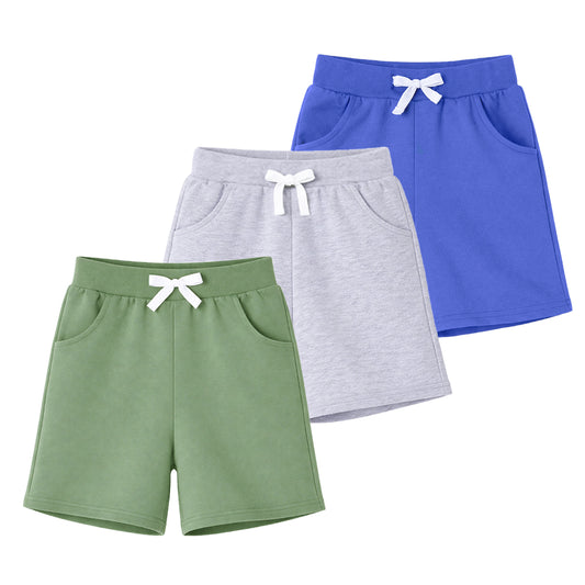 HILEELANG Toddler Boys' Cotton Shorts 3-Pack with Pockets, Grey/Green/Blue