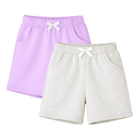HILEELANG Toddler Girl' Cotton Shorts 2-Pack with Pockets, Grey/purple