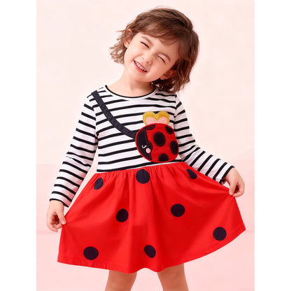 HILEELANG todddle Girls Long sleeved Dresses Christmas Casual Winter Cotton Casual Cute Party Cartoon Animal Ladybug Pattern Dress