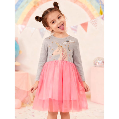 HILEELANG toddle Girls Long sleeved Dresses Christmas Casual Winter Cotton Casual Cute Party Cartoon Animal Unicorn Pattern Dress