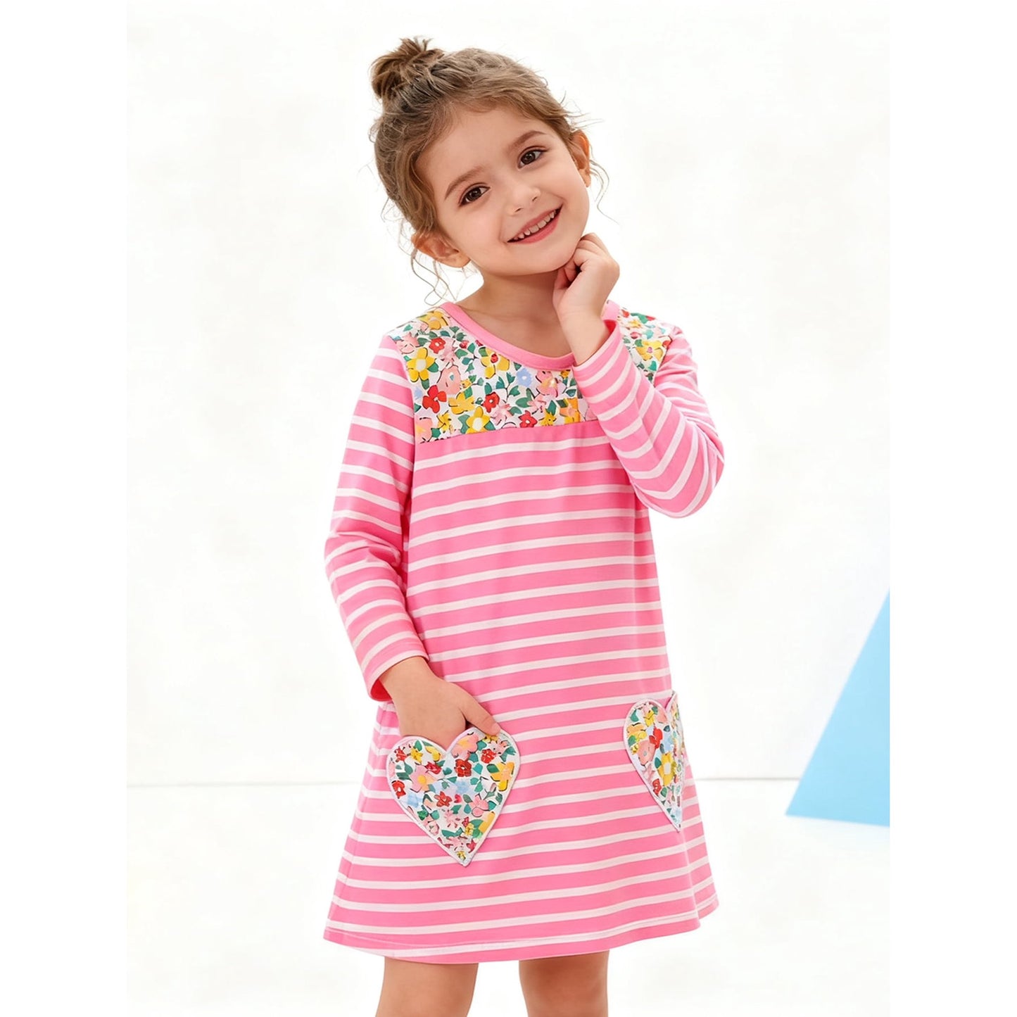 HILEELANG toddle Girls Long sleeved Dresses Christmas Casual Winter Cotton Casual Cute Party Cartoon Striped printing Pattern Dress
