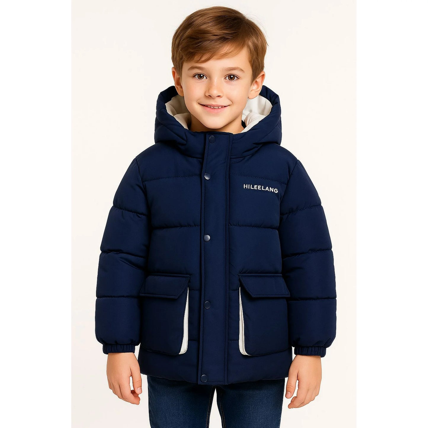 HILEELANG Kids Big Boys Winter Puffer Jacket with Hood Warm Light Weight Padded Water-Resistant Coat for Kids 6-13 Years, Classic Navy Blue