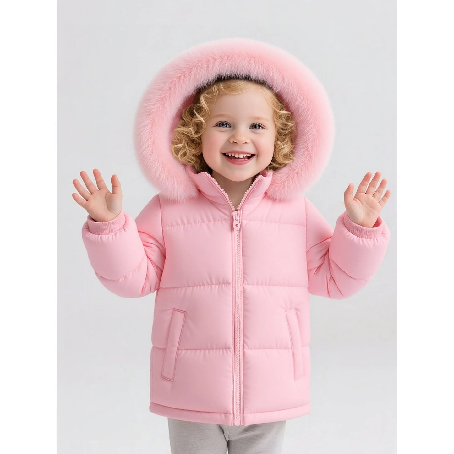 HILEELANG Toddler Baby Girl Winter Puffer Jacket with Faux Fur Hood – Warm Windproof Water-Resistant Coat 12M–7T, Lightweight Quilted Pink Outerwear for Cold Weather