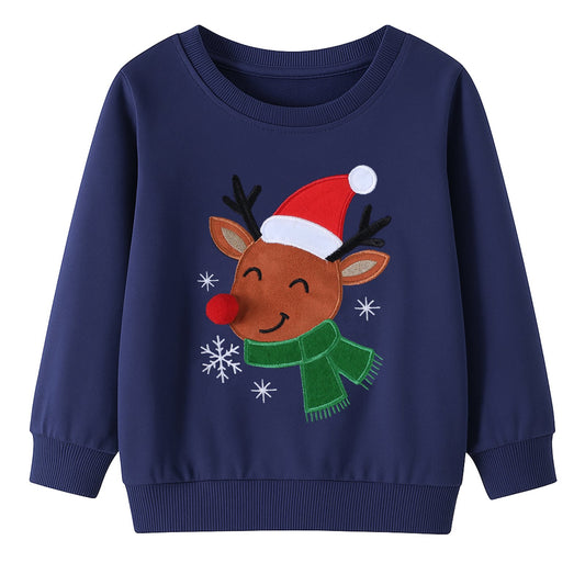 HILEELANG Kids Christmas Sweatshirt, Cotton Pullover Top with Reindeer Appliqué, Unisex Holiday Long Sleeve Shirt for Toddler Boys Girls